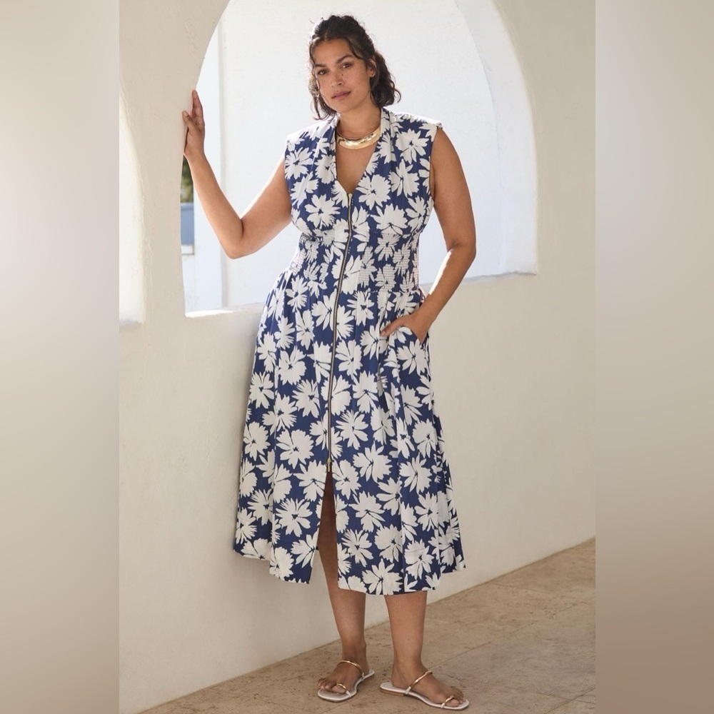 The Tommie Cap-Sleeve Smocked Front-Zip Shirt Dress